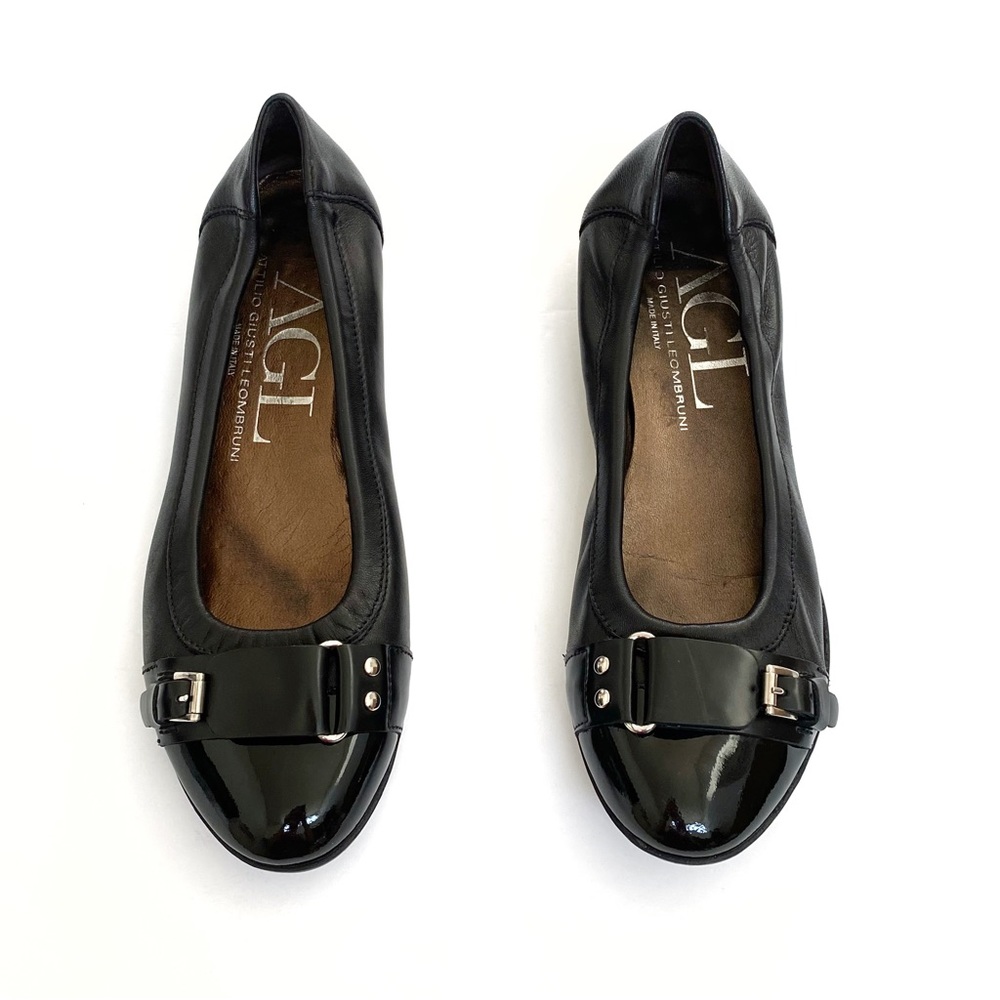 AGL Attilio Giusti Leombruni black leather patent round toe buckle ballet flats - Picture 1 of 9